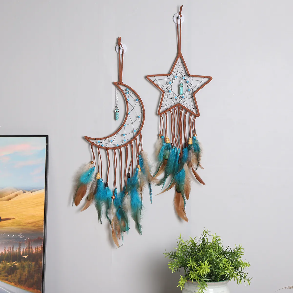 Moon Star Dreamcatcher Wall Hanging Decor With Turquoise Pendant Feather Handmade Bohemian Home Bedroom Decoration