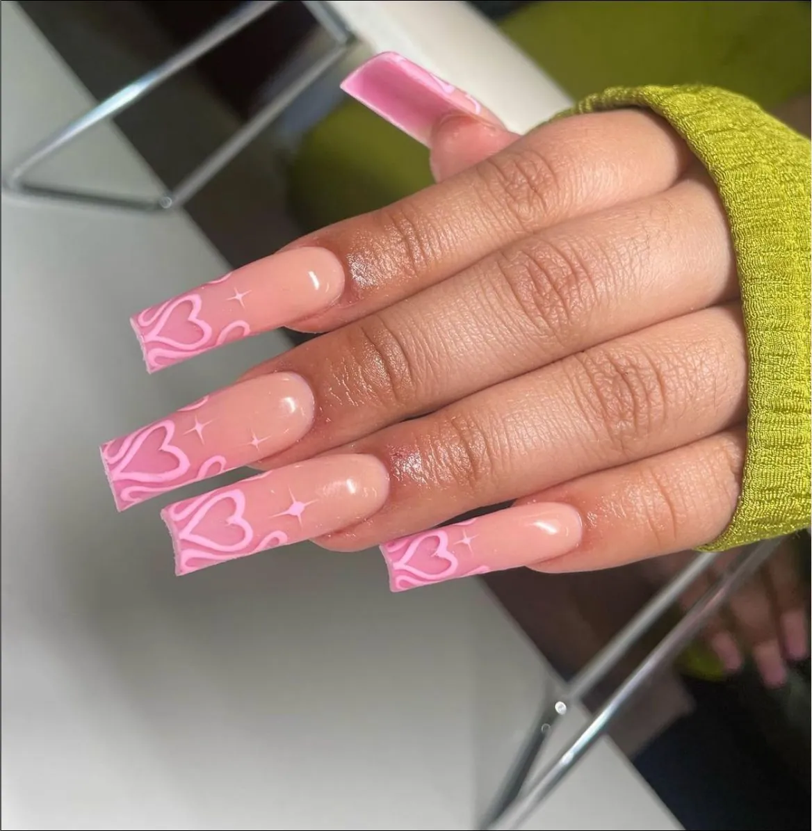 Long Coffin Press On Nails Pink Gradient Heart Star Pattern Artificial Fake Nails Glossy Finish DIY Manicure