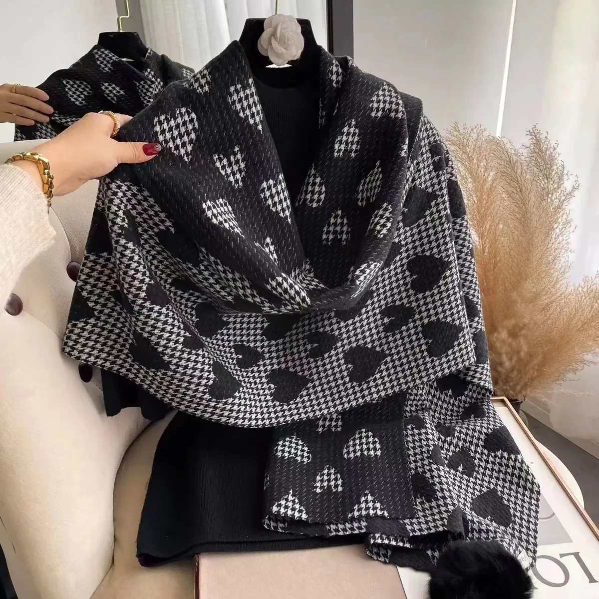 Women's Winter Warm Scarf Double Sided Color Block Houndstooth Heart Pattern Soft Fake Cashmere Shawl Wrap With Pom-pom
