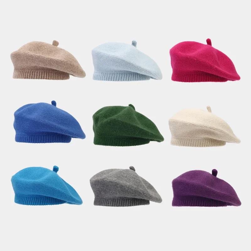 Women Knitted Beret Hat Rabbit Hair Blend Solid Color Warm Thickened Winter Painter Pumpkin Cap