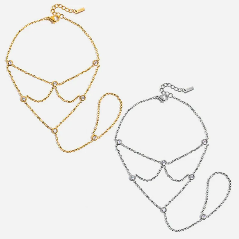 Stainless Steel Zirconia Finger Ring Bracelet Hand Chain For Women Minimalist Waterproof Jewelry Gift