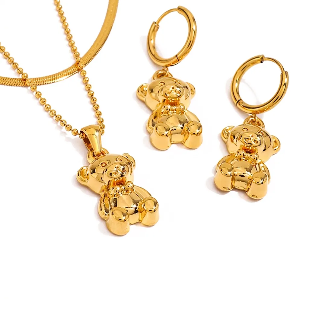 Stainless Steel Teddy Bear Pendant Earrings Necklace For Women Gold Tone Rhinestone Embellished Dainty Jewelry Gift