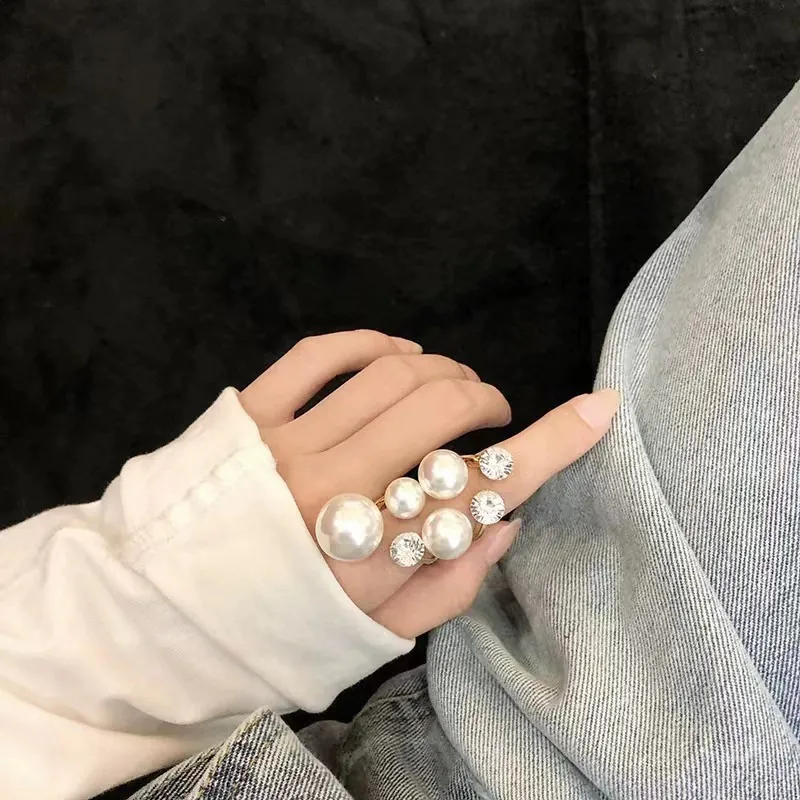Irregular Open Ring With Alloy Zirconia And Imitation Artificial Pearl Elegant Minimalist Fashion Jewelry For Women