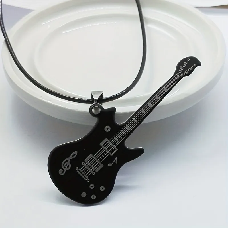 Guitar Pendant Necklace Stainless Steel Music Note Hip Hop Style For Men Women Retro Musical Instrument Jewelry