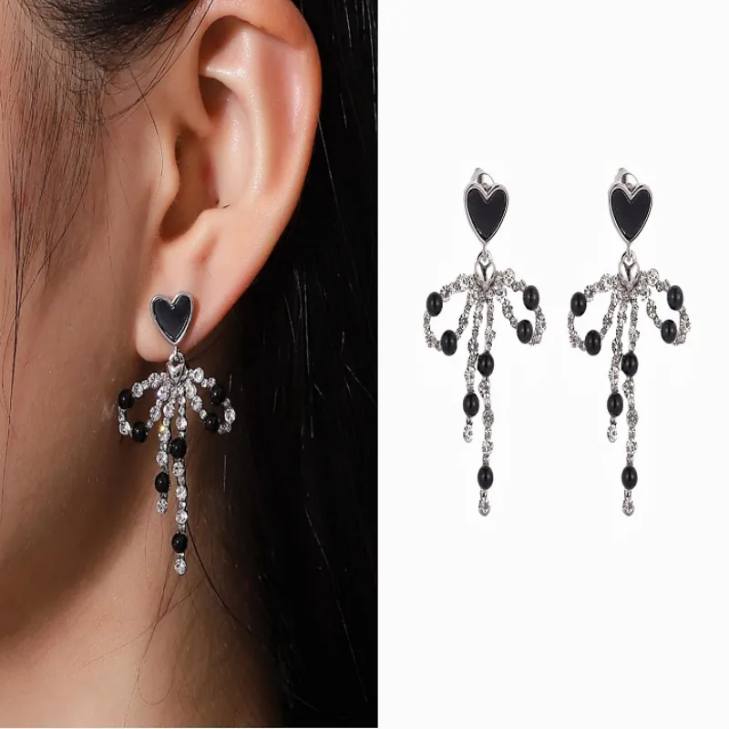 Copper Black Heart Bowknot Tassel Stud Earrings For Women Sweet Rhinestone Dangle Earrings Fashion Jewelry Accessories
