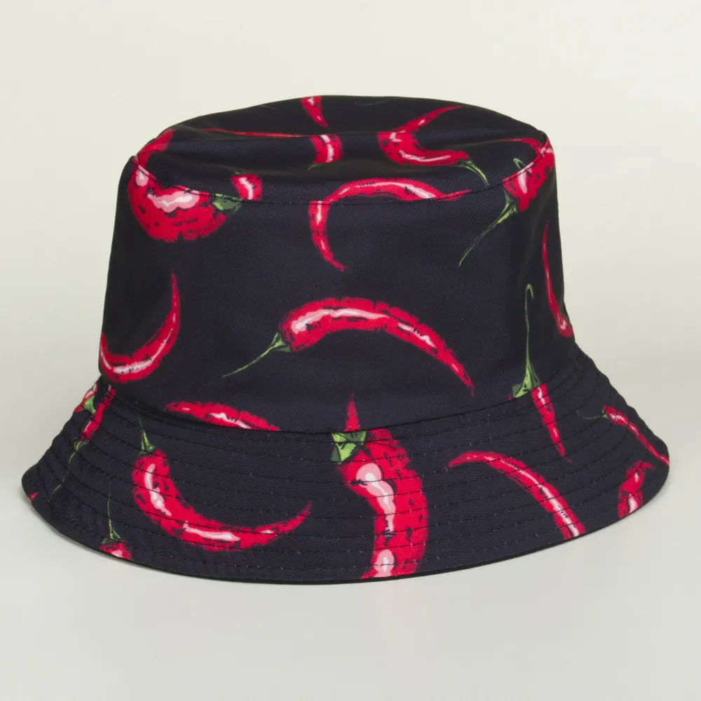 Cappello A Secchiello Tela Di Cotone Stampa Peperoncino Rosso Reversibile Protezione Solare Esterno Viaggi Novità Uomo Donna