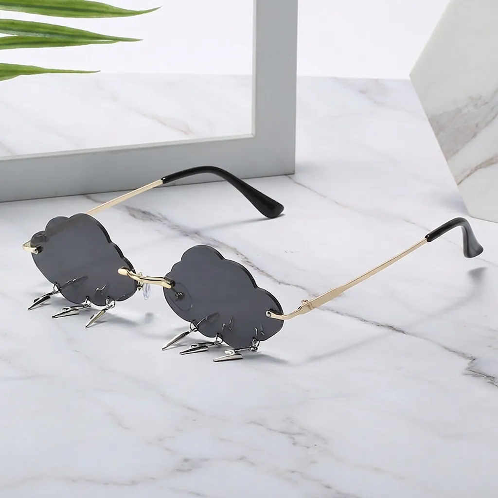 Rimless Cloud Shaped Sunglasses With Lightning Metal Charms PC Lens Metal Frame Fashion Party Y2K Eyewear Women