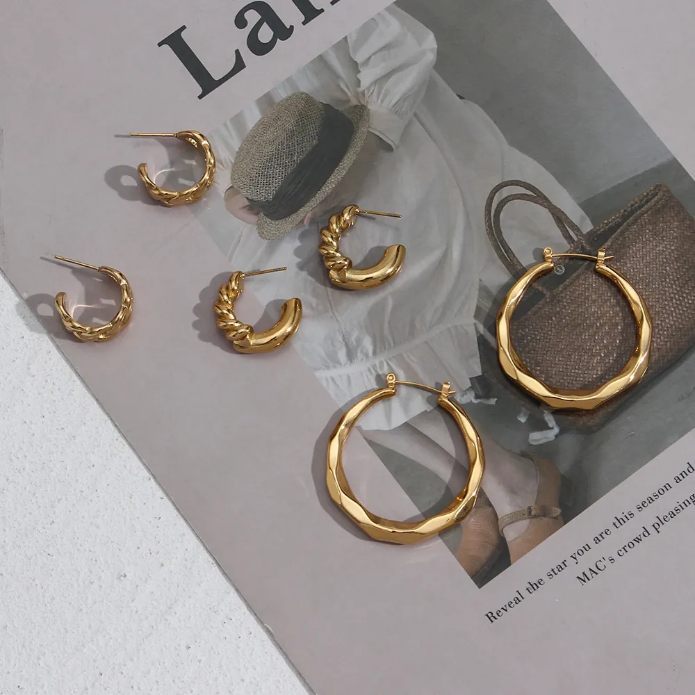Twisted Faceted Stainless Steel Hoop Earrings Large Geometric Wave Pattern Trendy Fashion Jewelry For Women