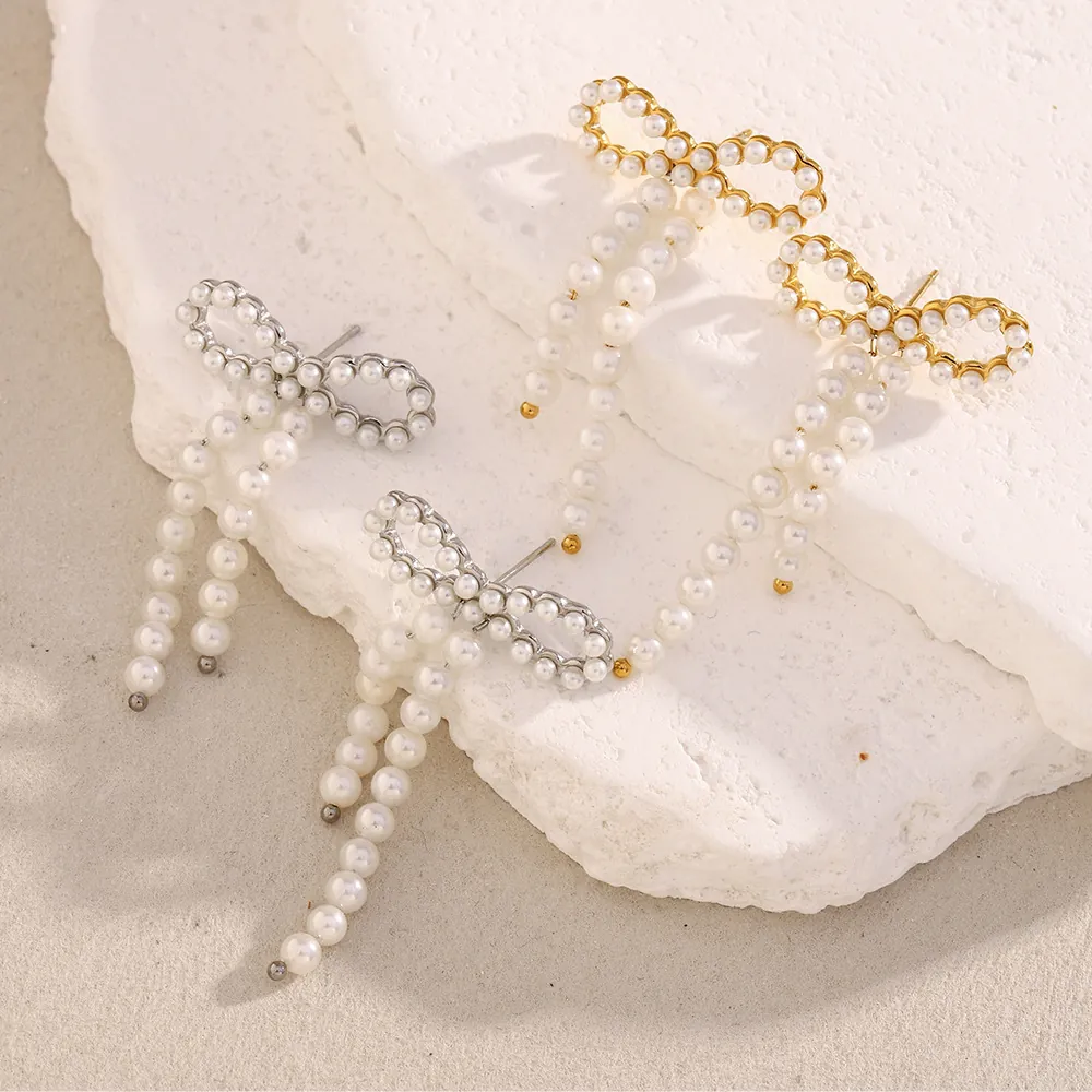 Stainless Steel Butterfly Bowknot Artificial Pearl Tassel Stud Earrings 18K Gold Plated Retro French Style Elegant Women Jewelry