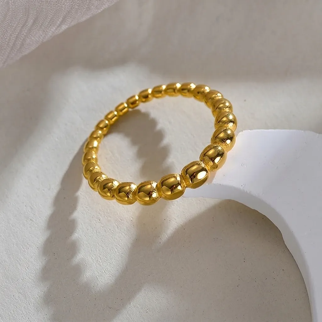 Minimalist Beaded Ring For Women 14K Gold Plated Stainless Steel Round Ball Geometric Band Waterproof Non-Fading Jewelry