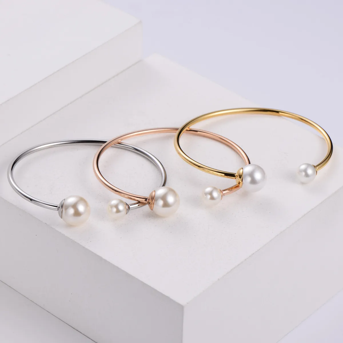 Minimalist Cuff Bangle 316 Stainless Steel Asymmetrical Artificial Pearl Elegant Jewelry For Women Fashion Adjustable