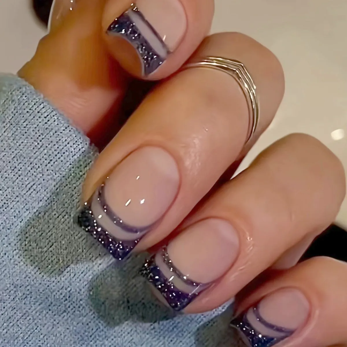 French Tip Press On Nails Square Medium Long ABS Glitter Nude Pink Sparkling False Nails For Women Elegant Art