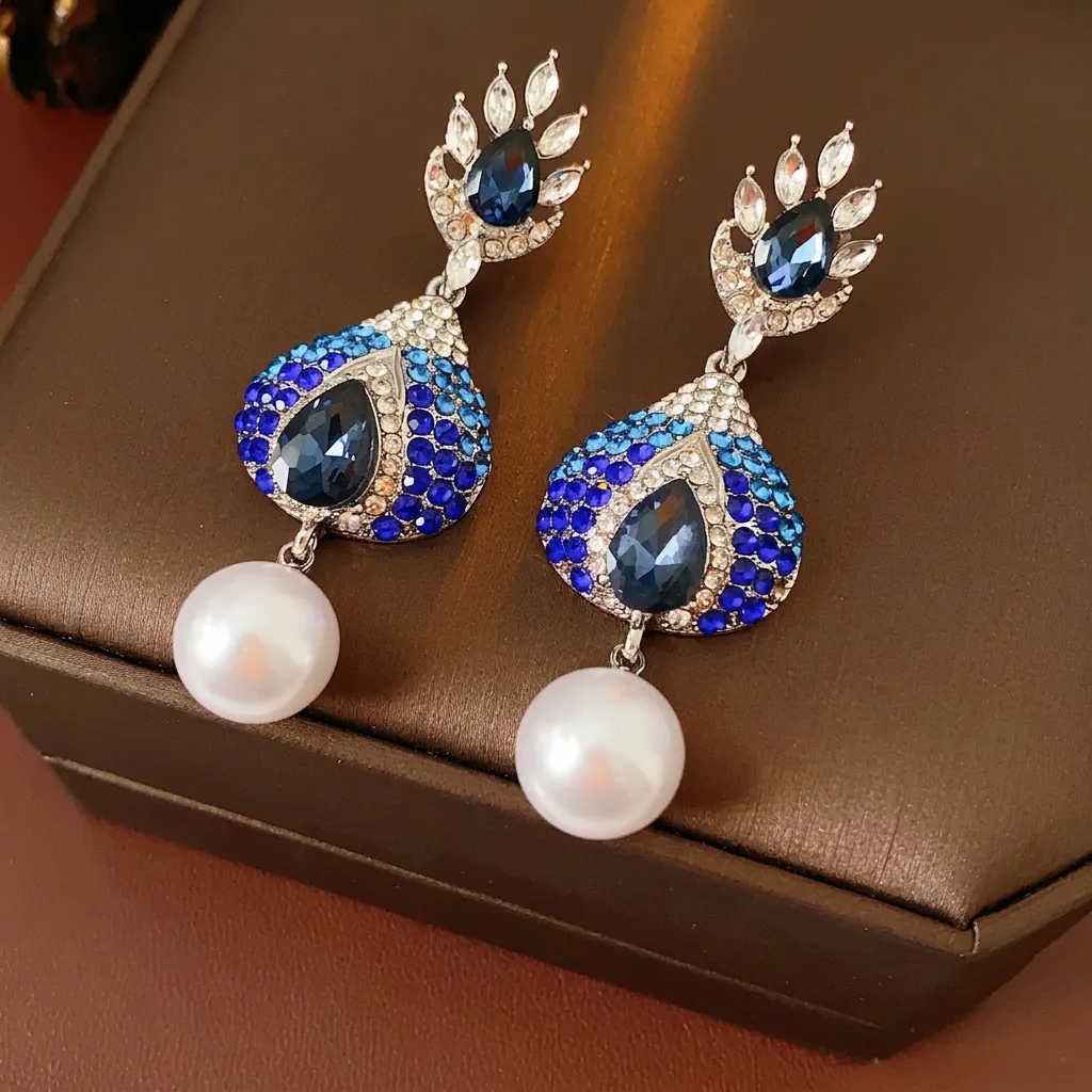 Orecchini A Goccia Vintage Da Donna Con Strass Blu Imitazione Perla Artificial E Perno In Argento Stile Retrò