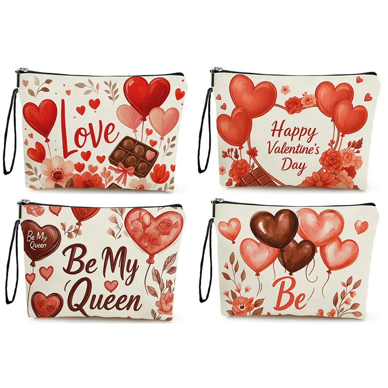 Valentine Day Makeup Bag Fine Linen Heart Chocolate Print Cosmetic Pouch With Zipper And Wristlet Strap Travel Storage Case