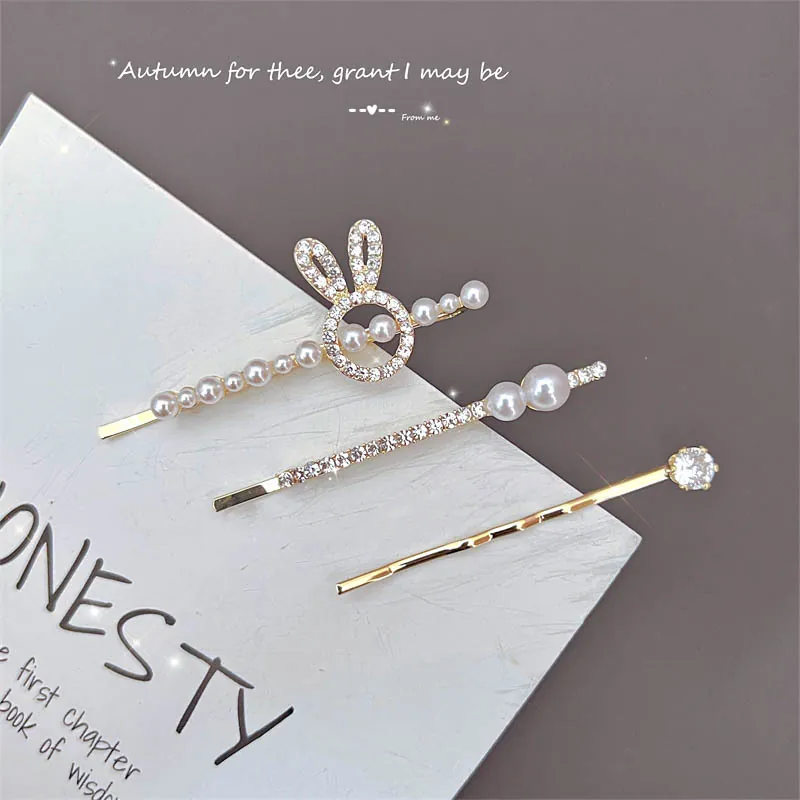 Elegant Golden Alloy Hair Clips With Rabbit Ear Design Faux Artificial Pearl And Rhinestone Minimalist Korean Style For Women