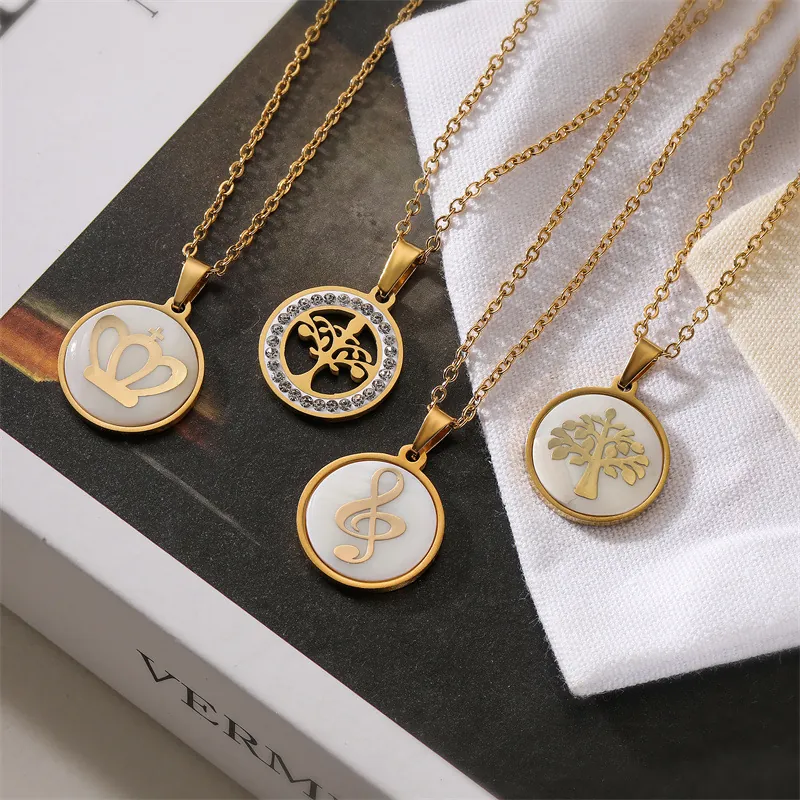 Collier Pendentif Acier Inoxydable Nacre Arbre De Vie Couronne Note De Musique Strass Bijoux Élégants Pour Femmes