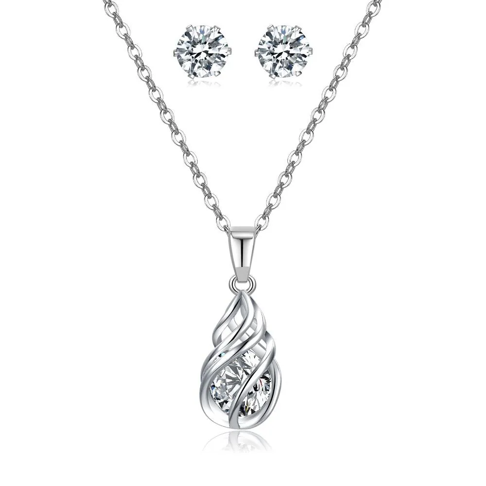Minimalist Copper Zirconia Jewelry Set Spiral Teardrop Hollow Pendant Necklace Stud Earrings Silver Color Jewelry For Women