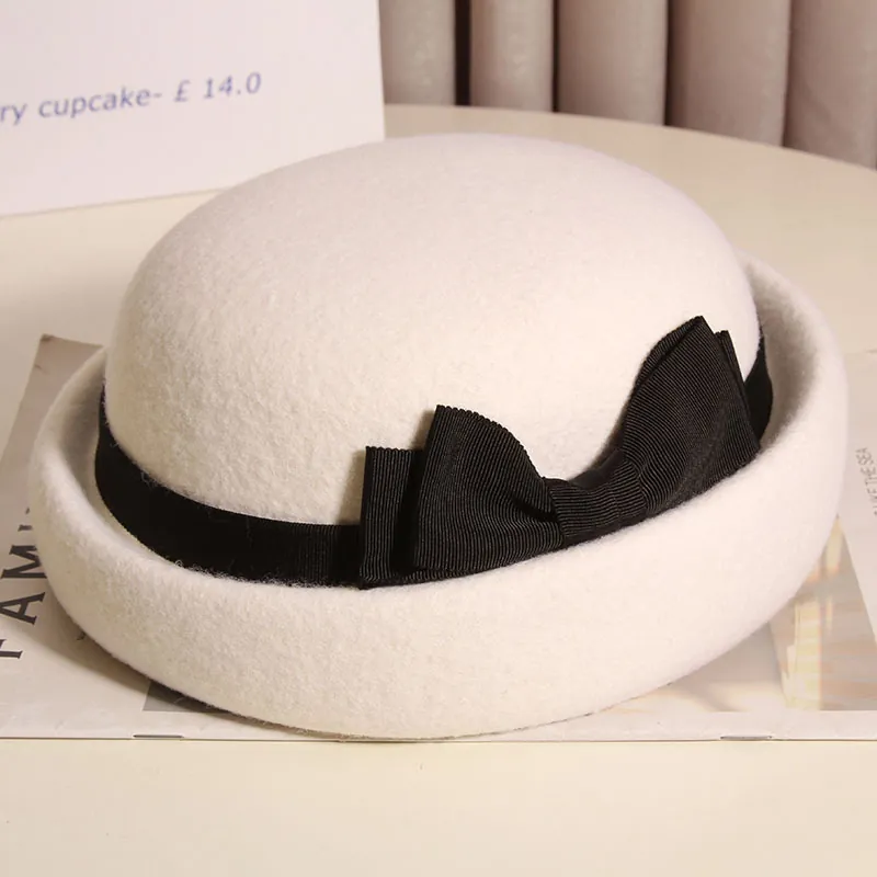 Cappello Fedora in Misto Lana Elegante Francese Per Donna Inverno Caldo Tinta Unita Fiocco Bordo Arrotolato Cappello Vintage