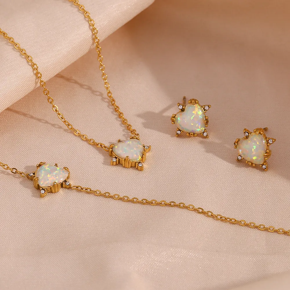 Vintage Stainless Steel Heart Shaped Artificial Opal Necklace Earrings Bracelet Gold Silver Plated Rhinestone Jewelry For Women