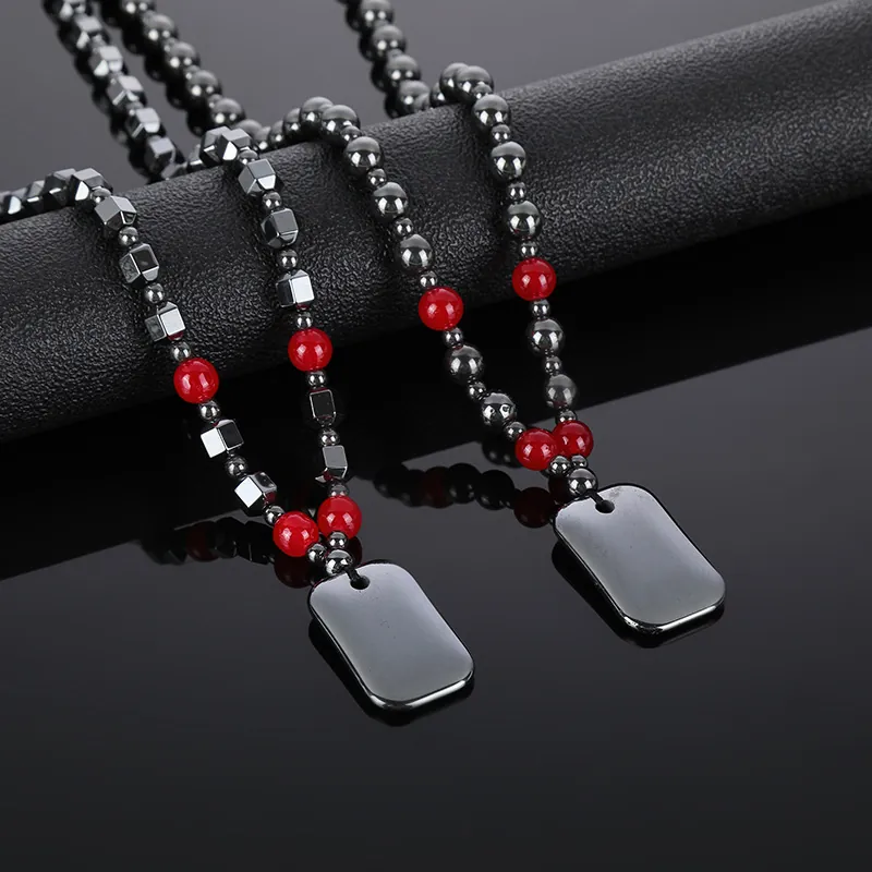 Hematite Beaded Pendant Necklace Magnetic Black Gallstone Red Accents Unisex Vintage Industrial Jewelry