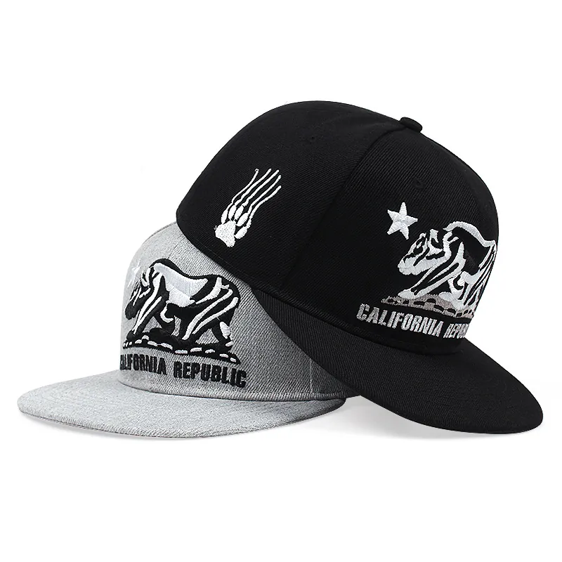 California Republic Snapback Hat Embroidery Bear Star Flat Brim Twill Baseball Cap Hip Hop Adjustable Sun Protection Outdoor