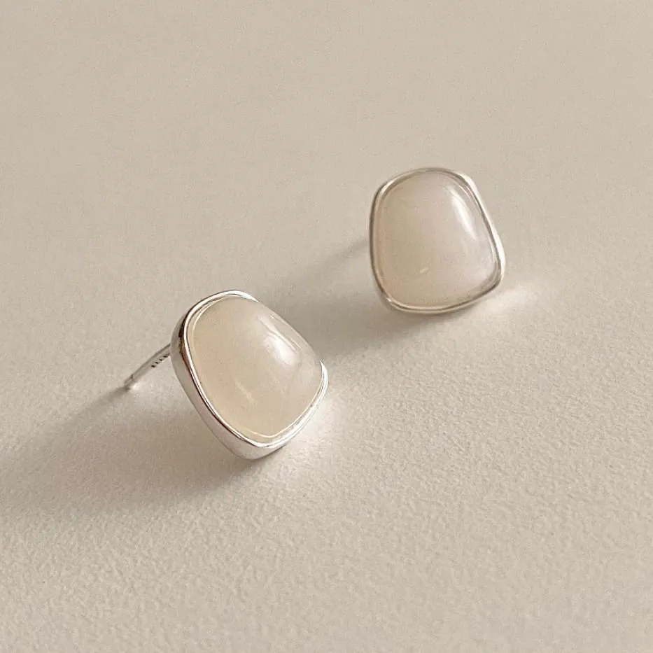 Irregular Geometric Stud Earrings 925 Sterling Silver Cream Stone Aesthetic Minimalist French Style Jewelry For Women
