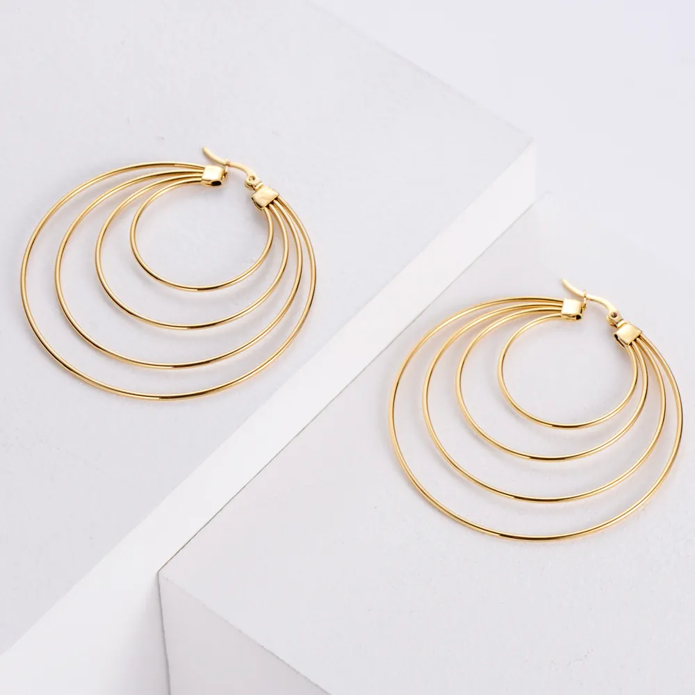 Stainless Steel Multilayer Concentric Circle Hoop Earrings Gold Plated Geometric Exaggerated Punk Style Jewelry