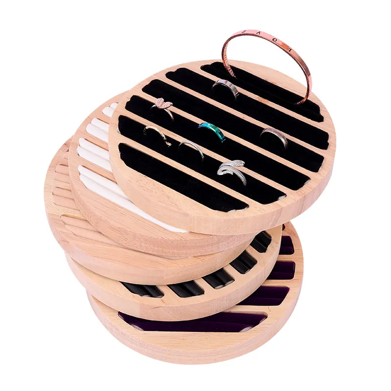 Round Wooden Jewelry Display Tray With Velvet Lining Slots For Ring Earring Storage Multi Stackable Desktop Organizer