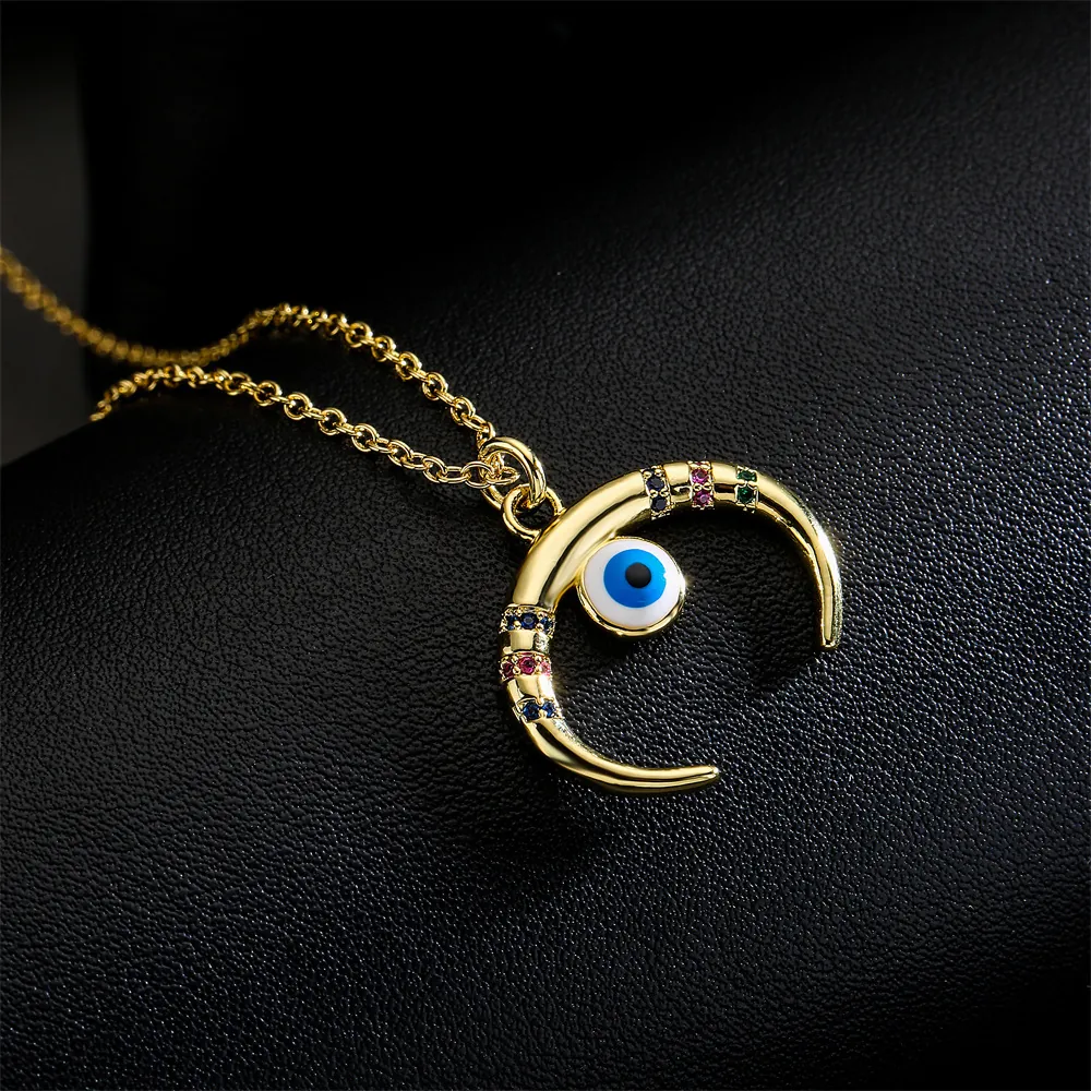 Evil Eye Crescent Moon Pendant Necklace Copper 18K Gold Plated Colorful Zircon Geometric Micro Pave Fashion Jewelry Women