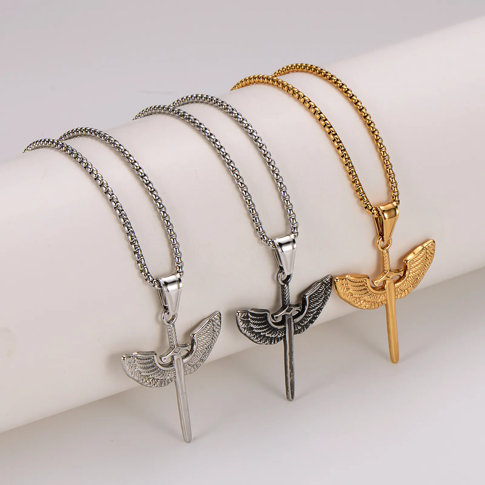 Angel Wings Sword Pendant Necklace 304 Stainless Steel Retro Hip Hop Punk Gothic Jewelry For Men