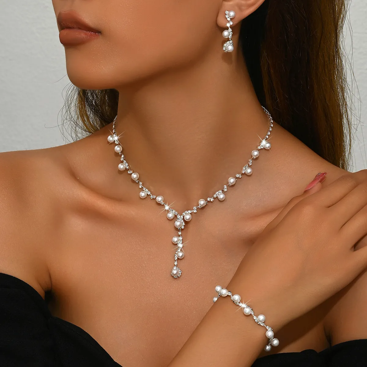 Women Elegant Faux Artificial Pearl Rhinestone Copper Jewelry For Wedding Banquet Formal Necklace And Earrings And Bracelet Classic