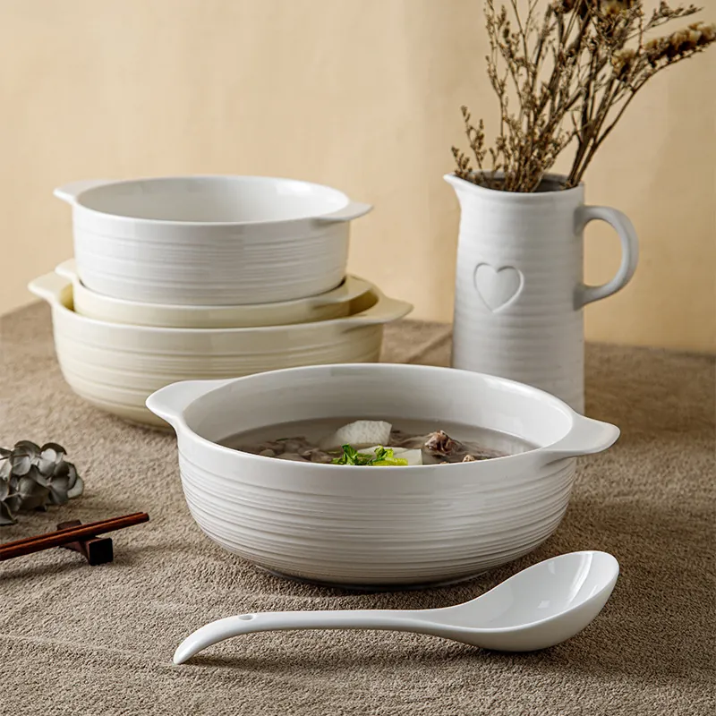 Ceramic Soup Bowl With Double Handles Anti Scald Ribbed Texture Minimalist Microwave Oven Safe Large Capacity Kitchenware