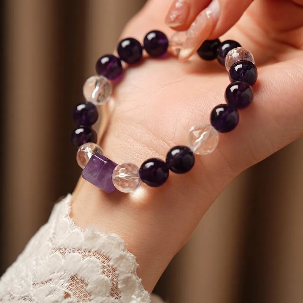 Bracelet Améthyste Cube Violet Cristal Blanc Perles Bijoux De Mode Pour Femmes Cadeau Élégant Fait Main