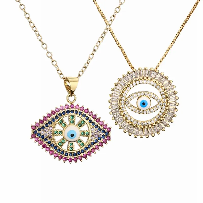 Evil Eye Anhänger Halskette Rund Geometrisch Micro Pave Zirkon Kupfer Vergoldet Modeschmuck Für Damen