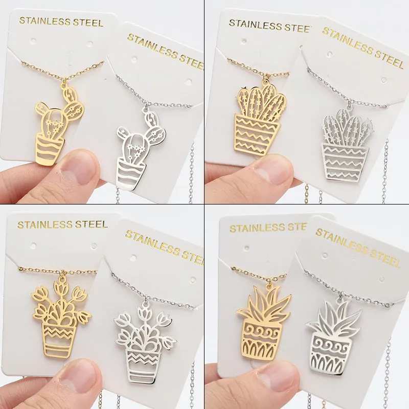 Stainless Steel Cactus Potted Plant Pendant Necklace Hollow Out Minimalist Plant Jewelry For Women