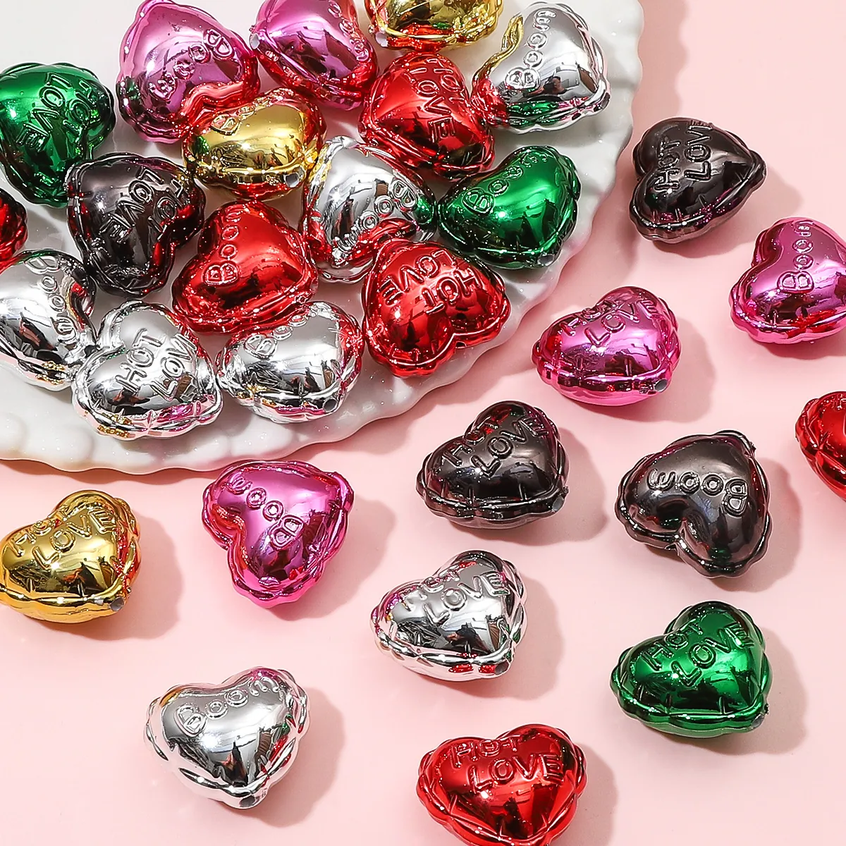 Heart Shaped Beads Acrylic Metallic Electroplated Embossed Letters For DIY Jewelry Making Bracelet Necklace Accessories