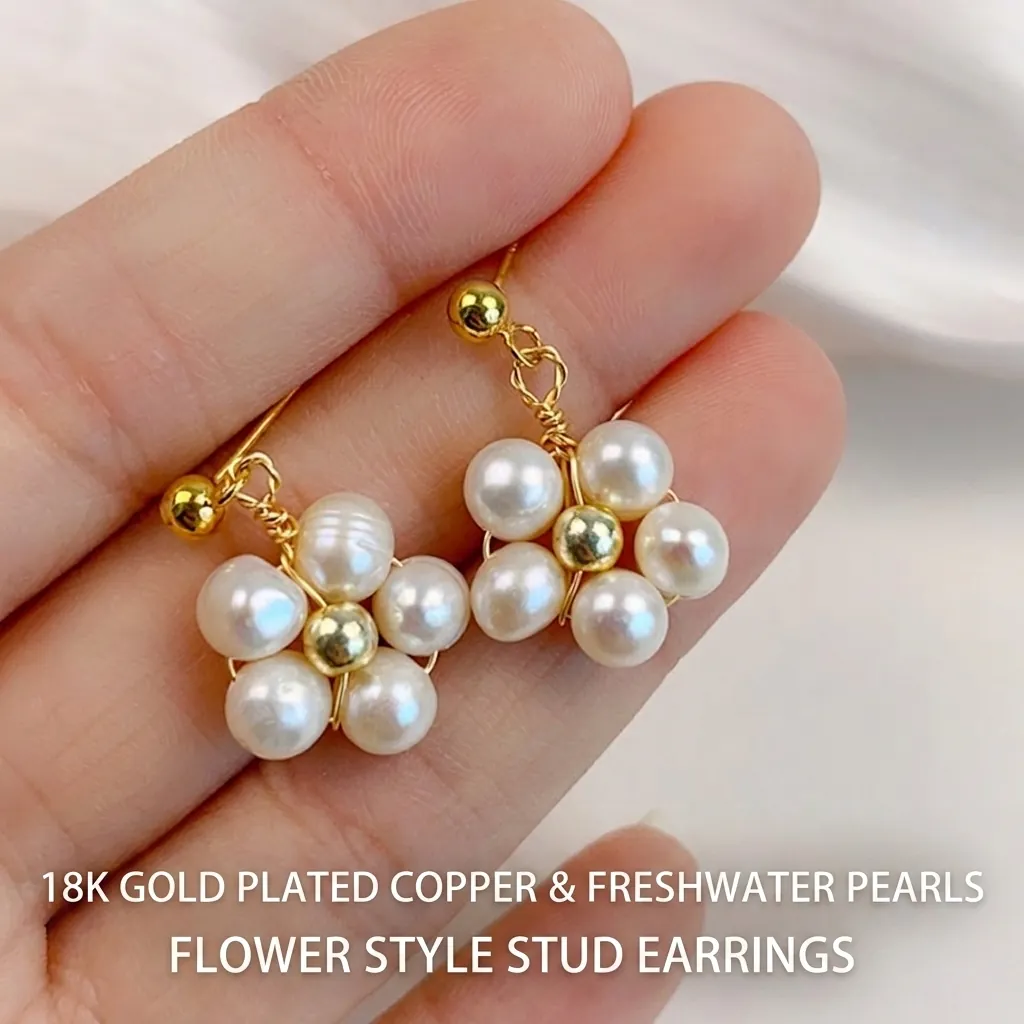 Freshwater Pearl Flower Stud Earrings Elegant Gold Plated Copper For Women 925 Sterling Silver Post Niche Design Jewelry Gift