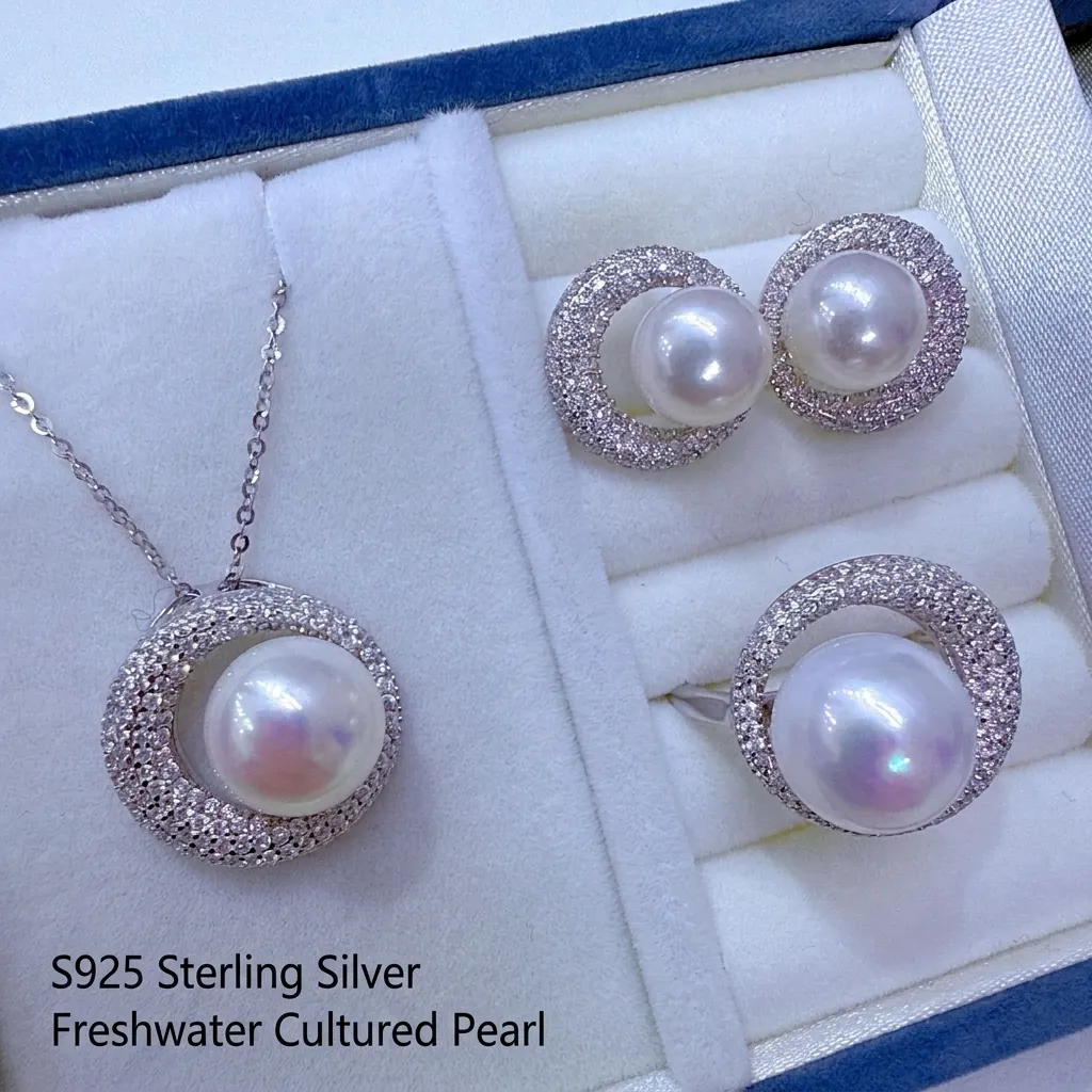 Artificial Pearl Jewelry Necklace Ring Earrings 925 Sterling Silver Zircon Inlaid Elegant Moon Shape Bridal Wedding Women