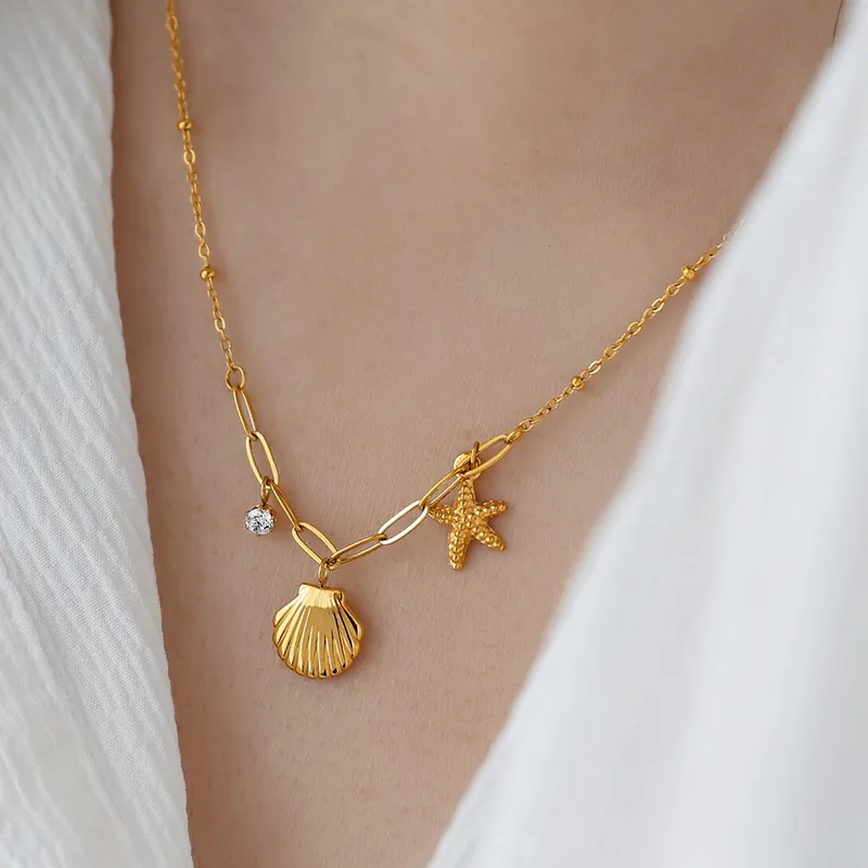 Gold Plated Stainless Steel Necklace With Shell Starfish Pendants And Zircon Clavicle Chain For Women