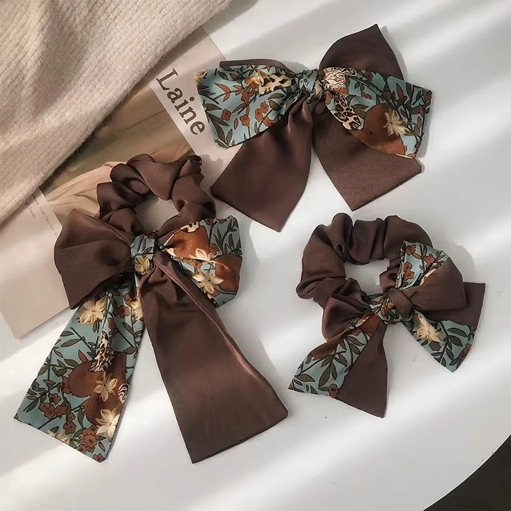 Vintage Floral Bow Hair Scrunchies With Long Streamers Fabric Patchwork Large Hair Tie Hair Clip For Women French Style