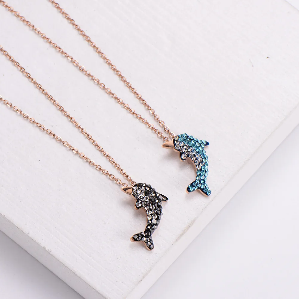 Dolphin Pendant Necklace 316L Stainless Steel Rhinestone Whale Tail Cute Animal Jewelry For Women Girls