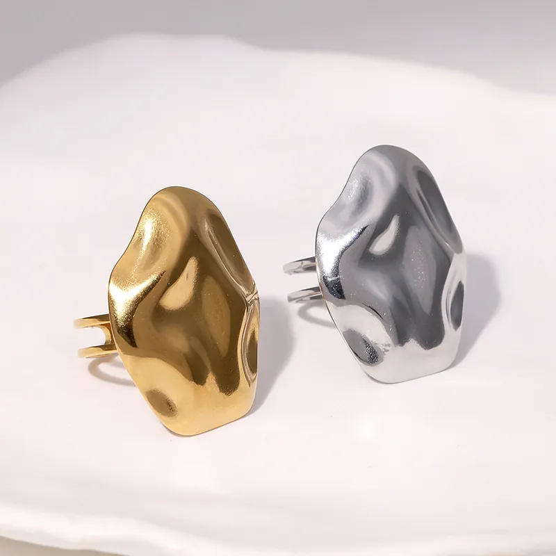 Bague Ouverte Surface Fondue Irrégulière Acier Inoxydable Plaqué Or 18K Minimaliste Bijoux Style Métal Liquide Femmes