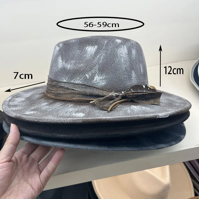 Vintage Wool Felt Fedora Hat With Feather Leather Band Distressed Western Jazz Gentleman Wide Brim Sunshade Casual