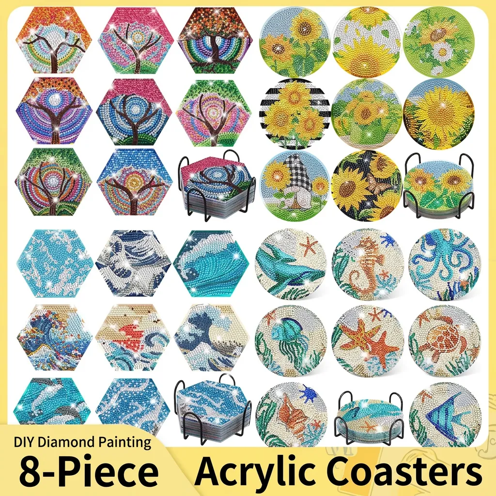 DIY Diamond Painting Coasters Acrylic Rhinestone Art Crafts With Cork Pad And Metal Holder For Home Table Decor
