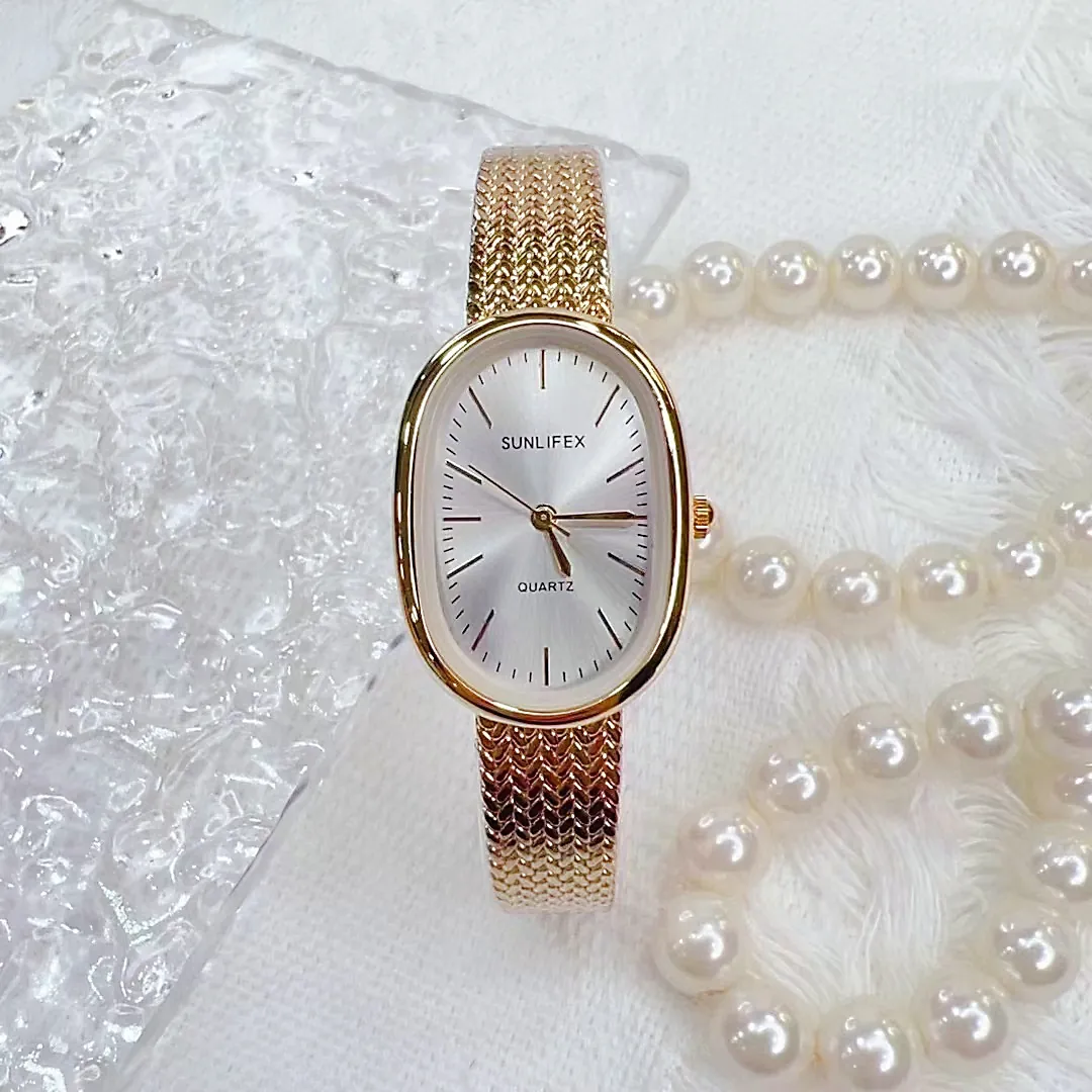 Elegant Oval Quartz Watch For Women Minimalist Gold Mesh Alloy Strap Fashion Wristwatch Ladies Dress Accessories Gift