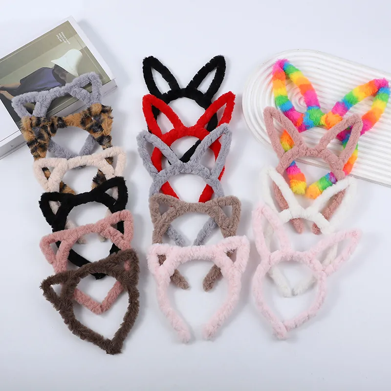 Plush Cat Ear Headband Faux Fur Rabbit Ears Hairband For Face Washing Cosplay Costume Party Hair Accessory For Women