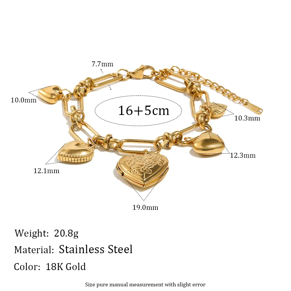 Bracelet Pendentif Médaillon Cœur Acier Inoxydable Plaqué Or 18K Chaîne Cubaine Fermoir OT Rose Gravée Bijoux Femmes