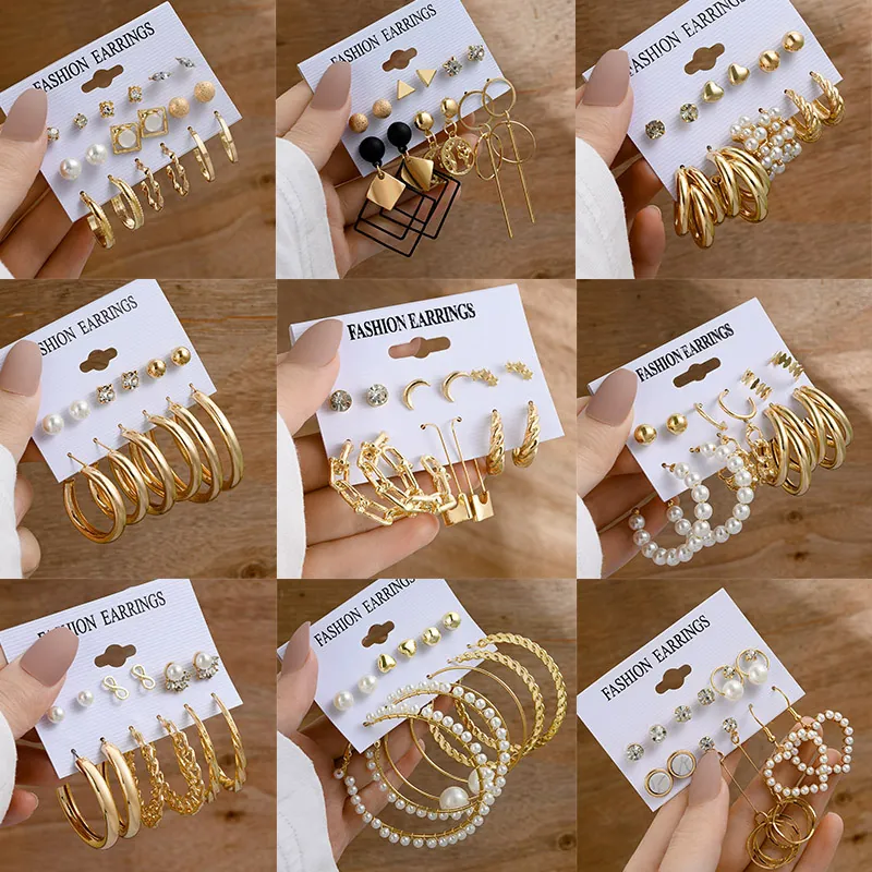 Boucles D'oreilles Mode Styles Multiples Alliage Plqué Or Künstliche Perle Imitation Strass Géométrique Forme C Créoles Bijoux Femmes