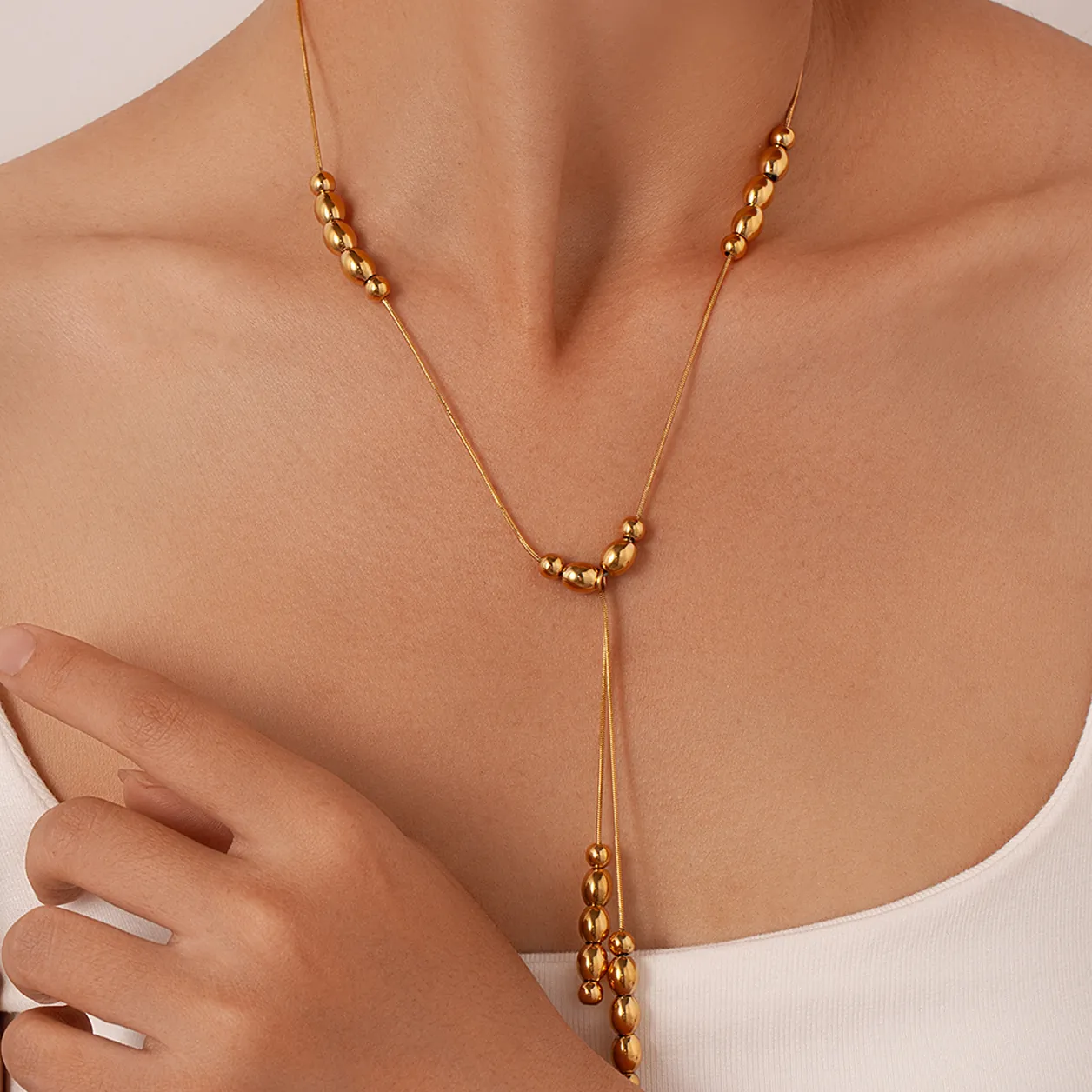 French Style Multiple Tassel Bead Necklace Stainless Steel Gold Plated Snake Bone Chain Elegant Minimalist Clavicle Jewelry Women