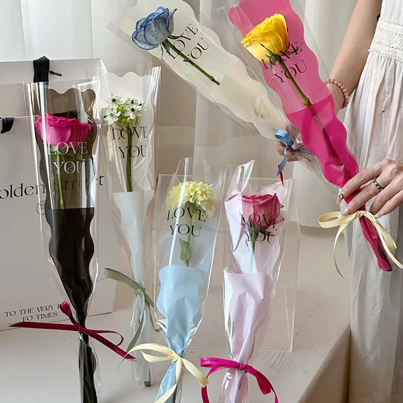 OPP Single Stem Flower Packaging Bags Waterproof Floral Wrapping Sleeves For Valentine Day Wedding Birthday Party Gift